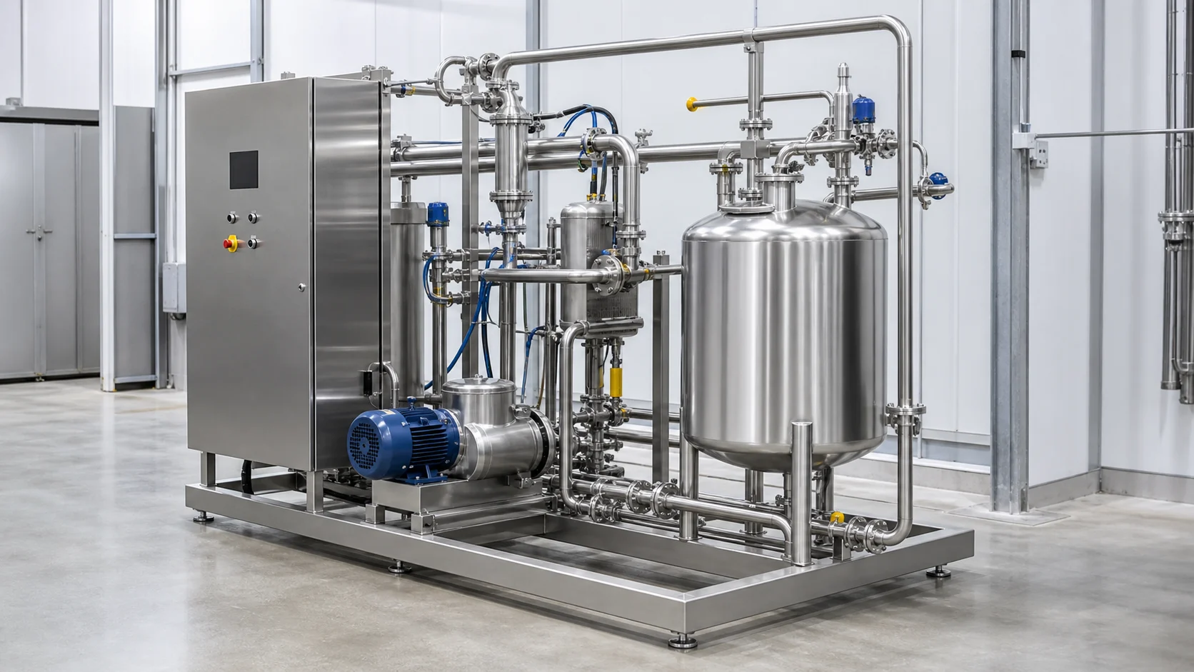 Skid industrial em aço inox com tanque, bombas e painel