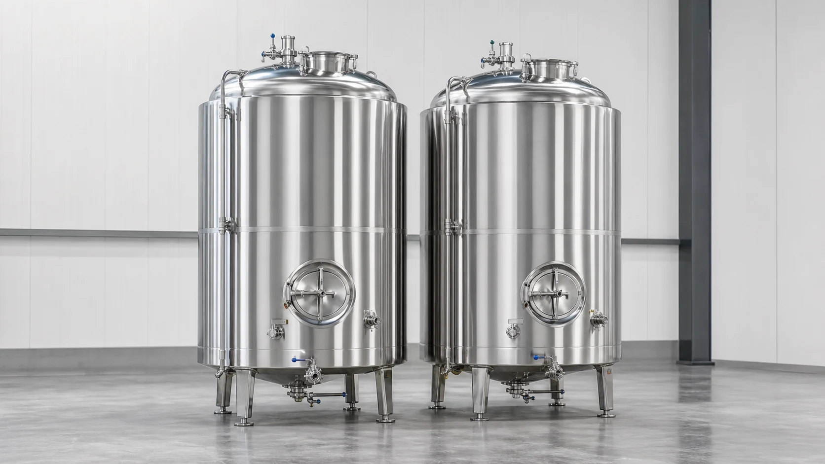 Dois tanques industriais verticais em aço inox