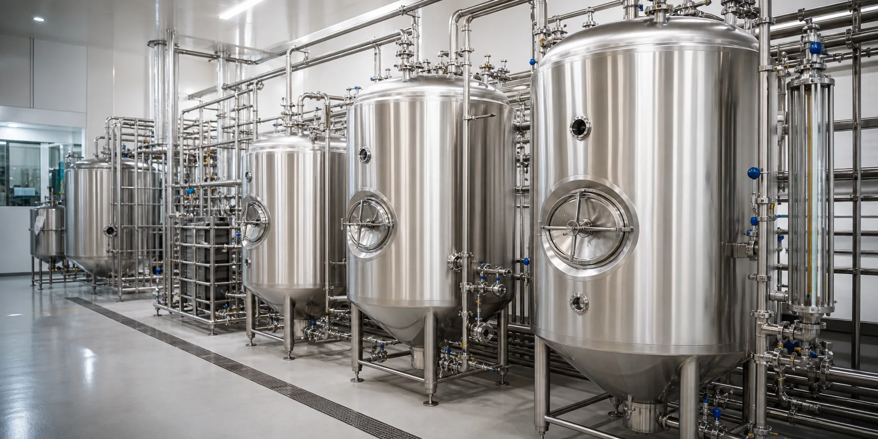 Linha industrial com tanques e tubulações inox